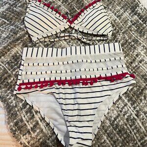 Nautical Striped Bikini Set w/ Pom Pom Trim – Size Small